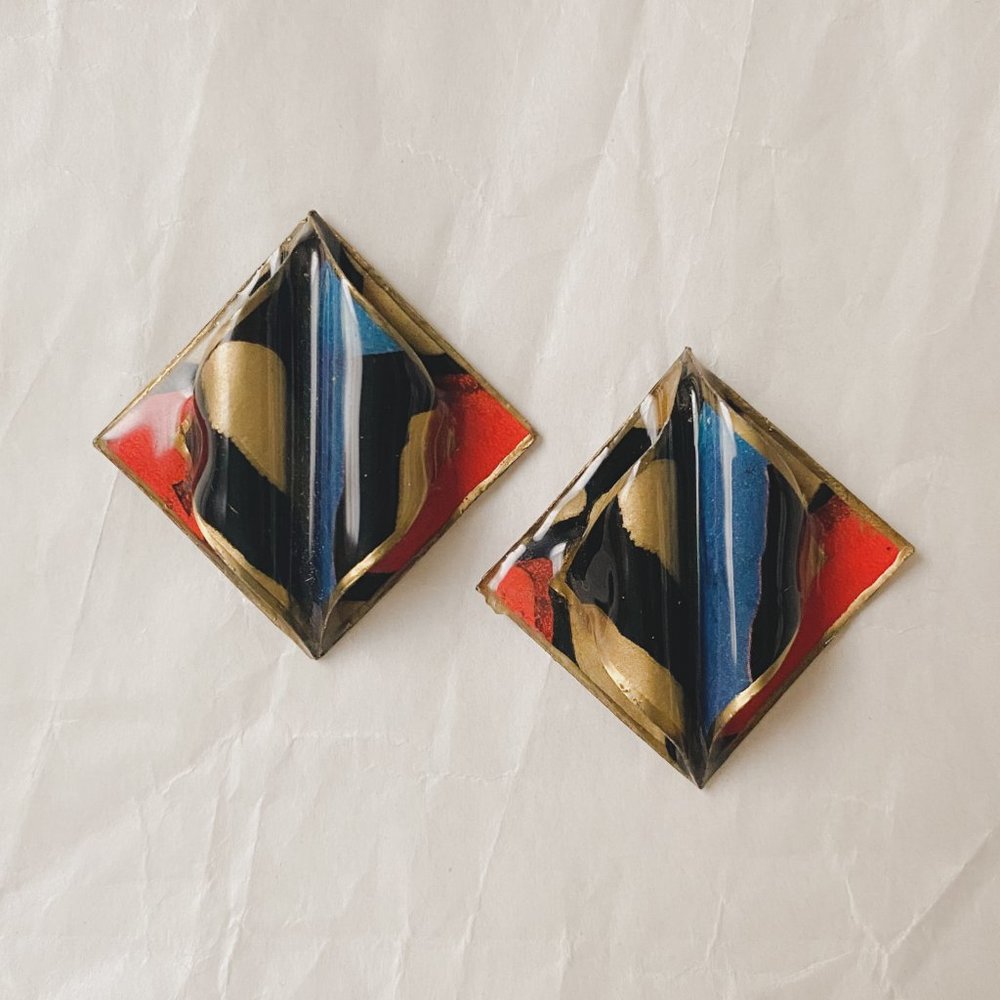 Vintage Orange Blue Gold Funky Abstract Mod Diamond Plastic Statement Earrings - Picture 3 of 10
